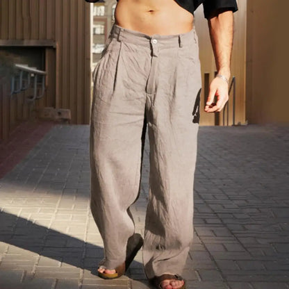 Men Cotton Linen Slacks Solid Color Loose Casual Trousers Breathable Summer Yoga Pants Pleated Jogger For Beach Vacation Fishing