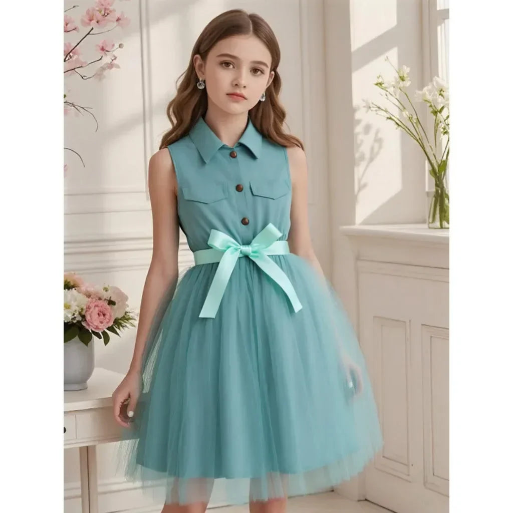 Teen Girl Pink Dress Summer Sleeveless Fashion Mesh Children Dresses Casual Vacation Elegant Princess Dress  7 8 9 10 11 12 Yrs