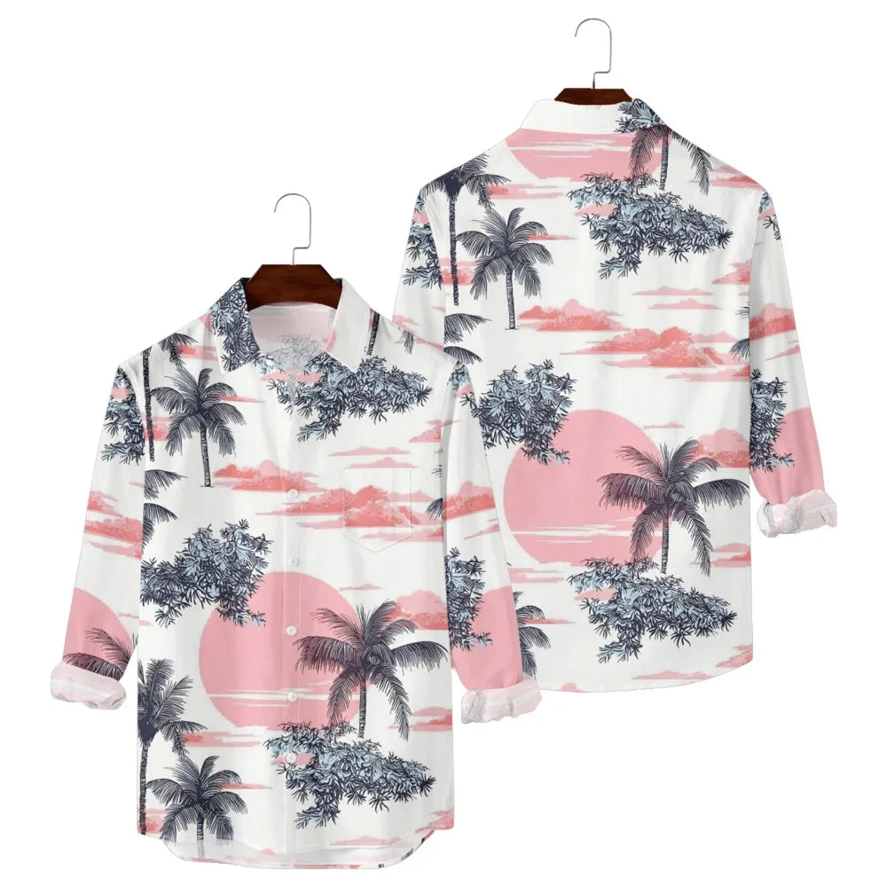 Hawaiian Men Shirts Sunset Oasis Palms Print Full Sleeve Streetwear Button Up Casual Beach to Bar Parties Poolside Shirt Pocket