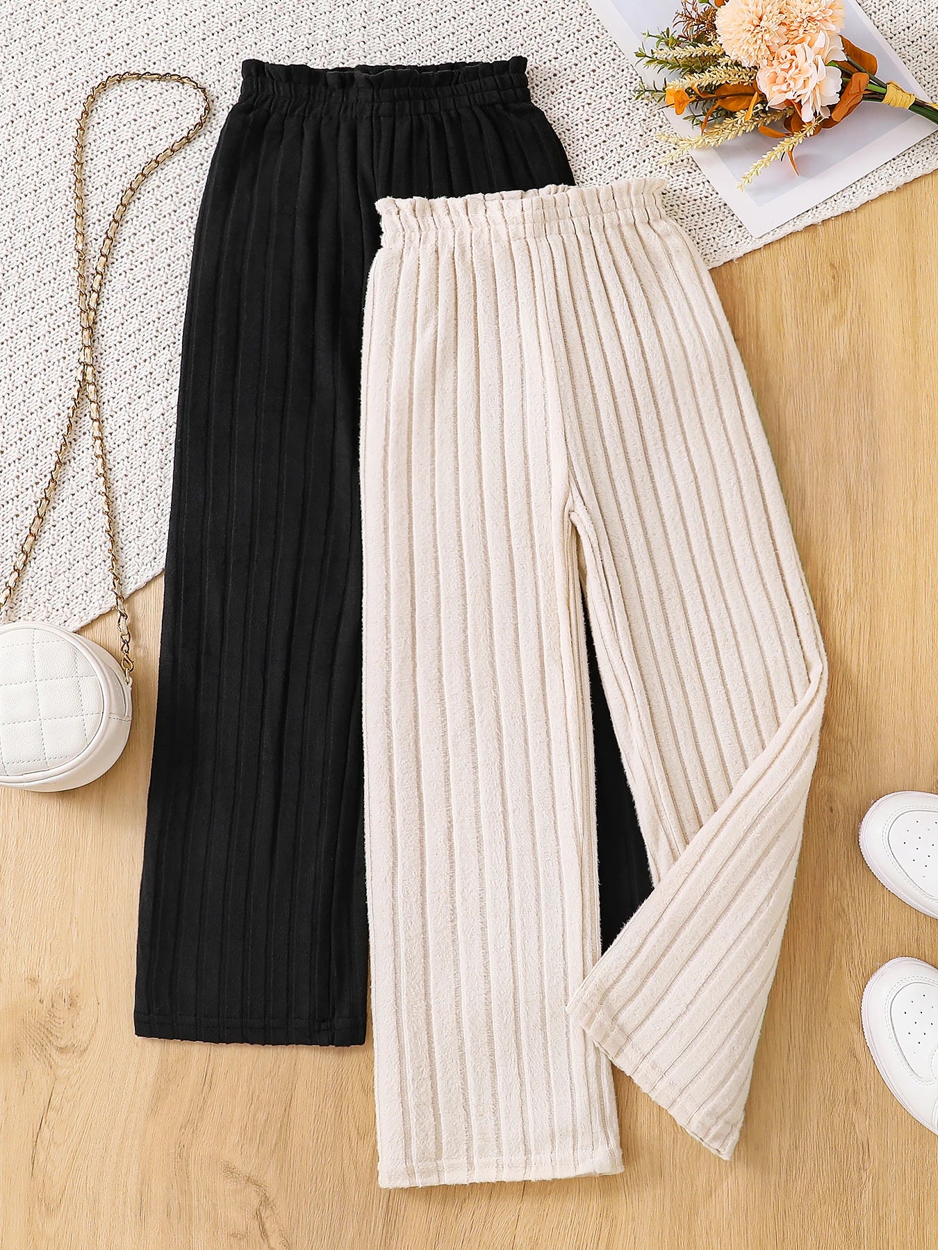 Girls 8-12Y Summer Wide Leg Pants Breathable Cool Fabric Non-Irritating Flat Seams Black & Beige Casual Trousers 2PC Set