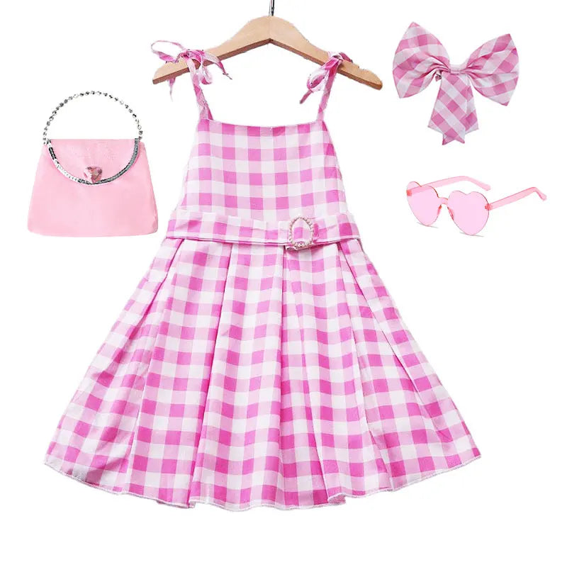 Girls' Summer Off Shoulder Dress with Belt Suitable For Female Pink Plaid Frock Kid Christmas And Halloween Role-Playing Costume