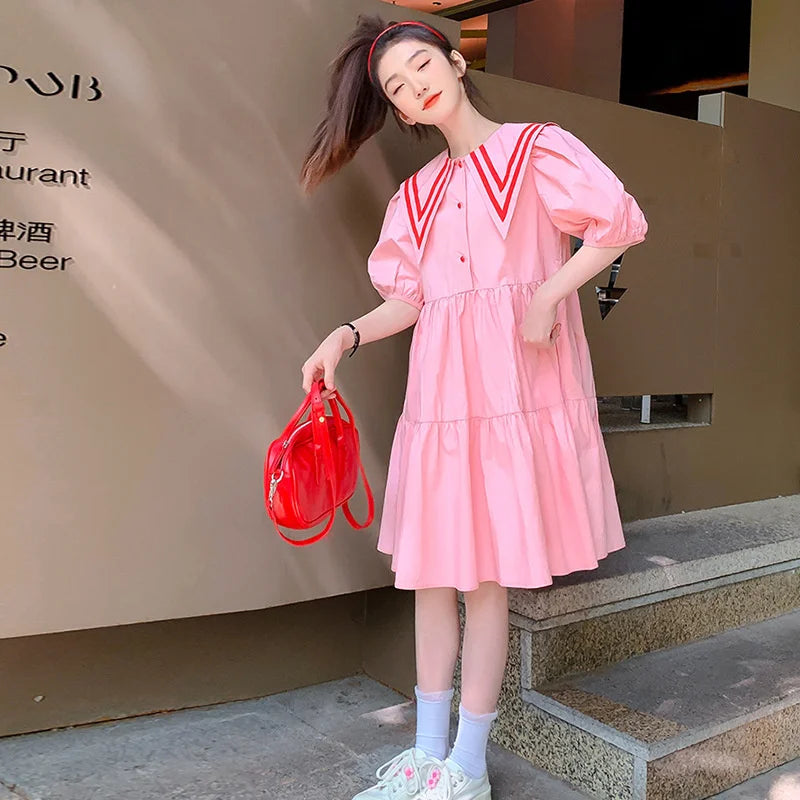 Teens Girls Summer Dress Children Casual Sweet Turn-down Collar Gown Kids Pink Short Sleeves Vestidos New Princess Loose Dresses