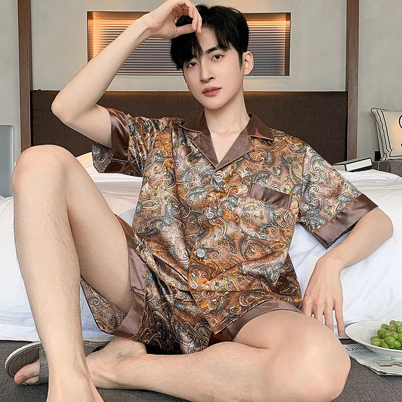 Pajamas Men Spring Summer Thin Ice Silk Luxurious Loose Fitting Home Wear Suit Male Satin Pyjamas Set Night Pajamas Set Men