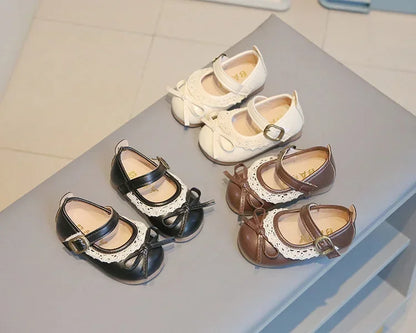 Girls Walking Shoes Sweet Lace Simple Bows 2025 New Baby Princess Shoes Round Toes Kids Leather Shoes Non-slip Soft Sole Flats