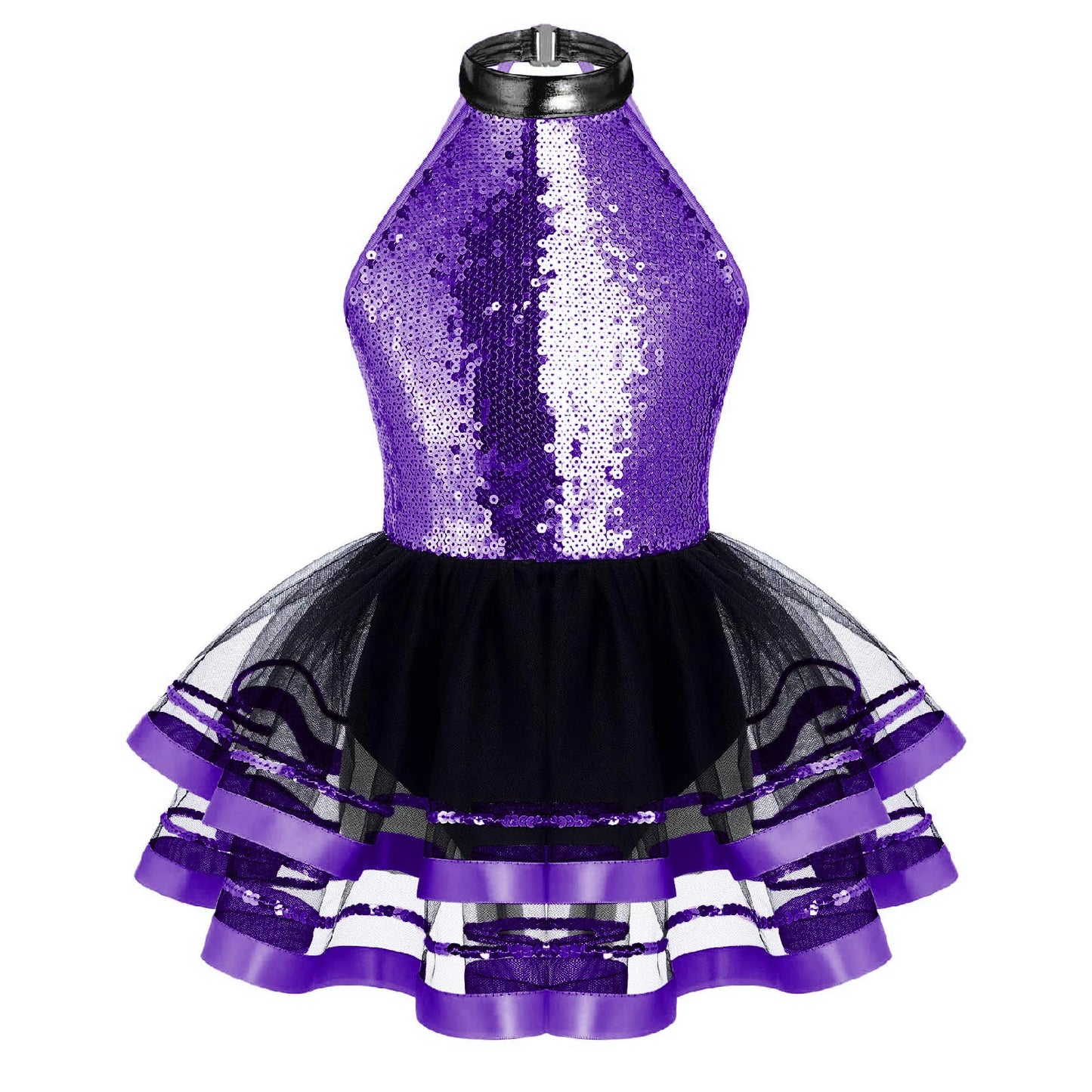 Girls Teens Shiny Sequin Tulle Dress for Ballet Latin Jazz Lyrical Dance Dresses Sleeveless Halter Neck Leotards Tutu Dress