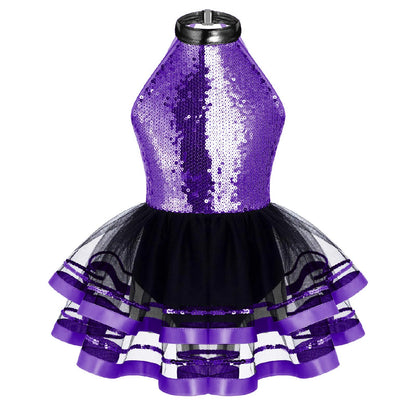 Girls Teens Shiny Sequin Tulle Dress for Ballet Latin Jazz Lyrical Dance Dresses Sleeveless Halter Neck Leotards Tutu Dress