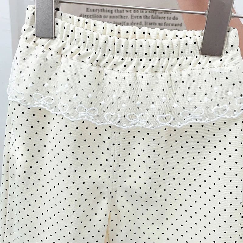 Girls' Pants Spring and Autumn Straight-Leg Pants Fashionable Beige Polka Dot Wide Leg Pants Cotton Lace Side Long Pants