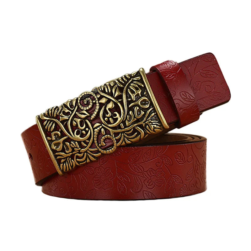 Vintage Flora Women Belts Cowhide Leather Belt Waistband with Sculpture Alloy Buckle for Dresses Skirts and Jeans