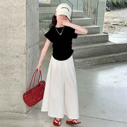 Girls New Suit Children Top Set Summer Short Sleeved T-shirt Pants 2PCS Kid Solid Color Outfits Teen Casual Loose Clothes