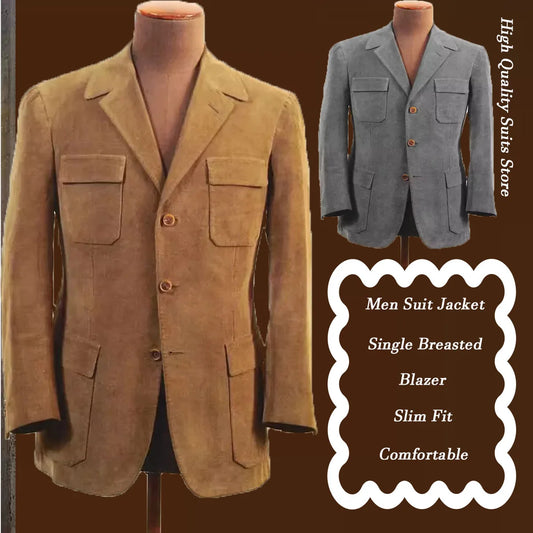 Men Suit Jacket Faux Suede Blazer Single Breasted Elegant Casual Suit 4 Pockets Comfortable Work Business Outfit Slim Fit Stylis