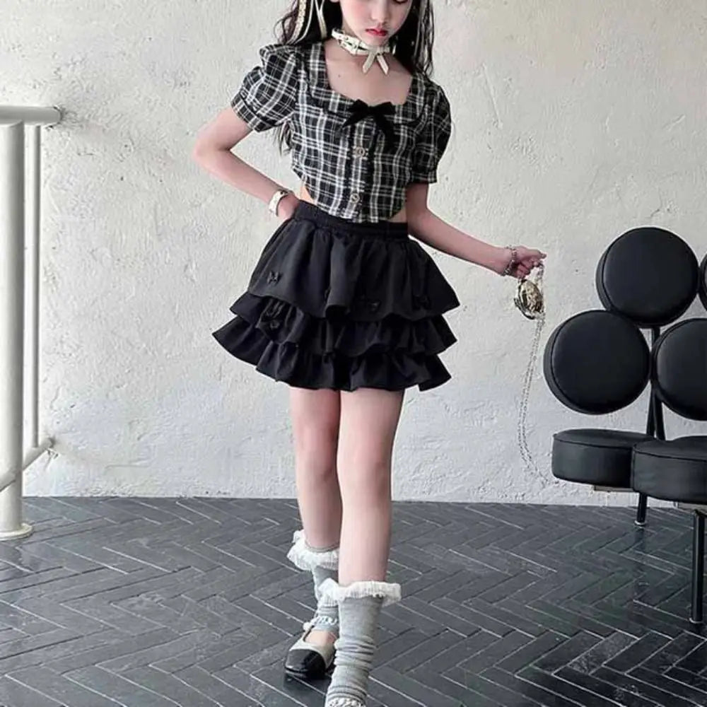 Cake Dress Sweet Girls Wear Suit Teens Party T-shirt Plaid Skirt Set Short Sleeve Preppy Style Costume Children Summer Clothes