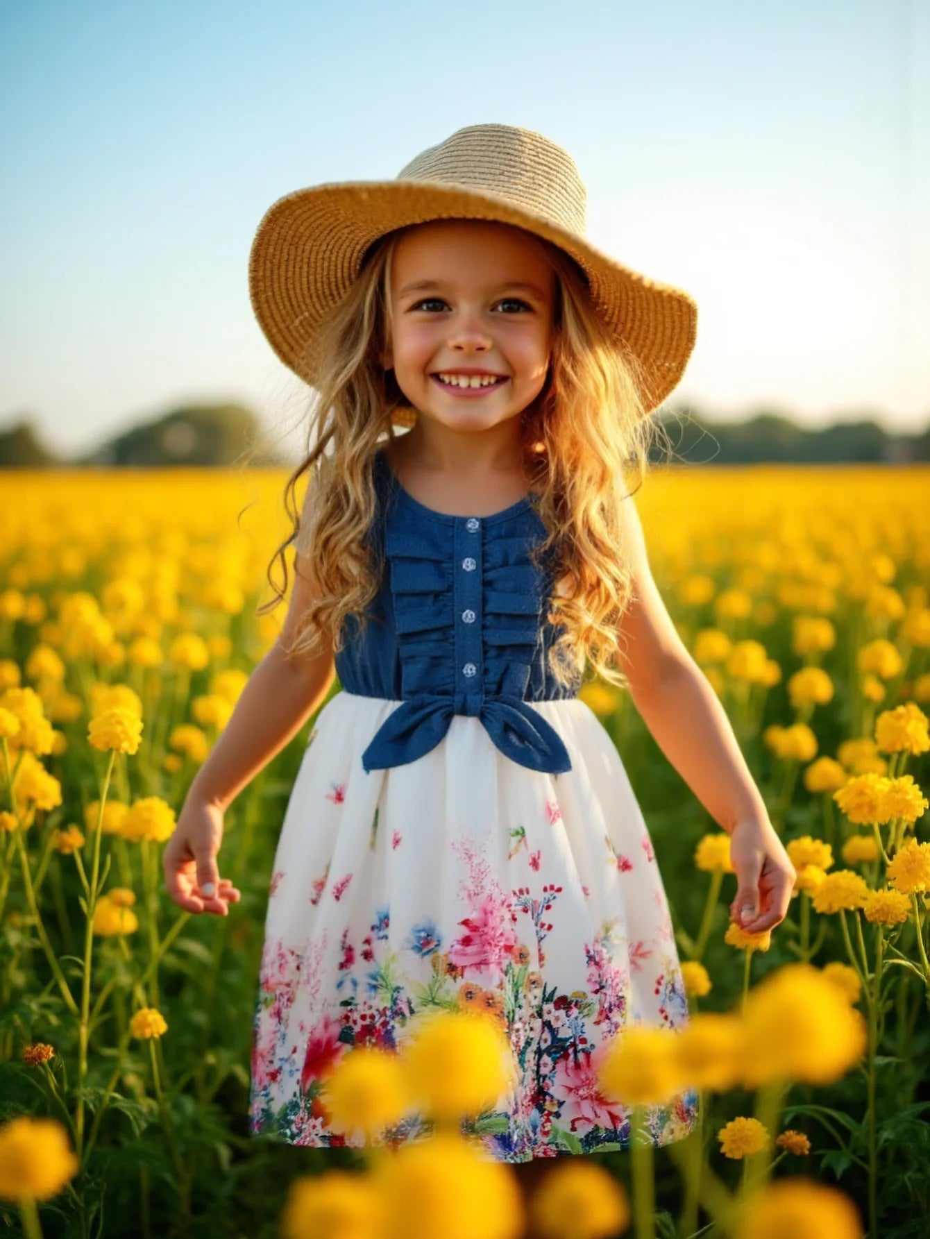 Girls Casual Dresses Denim Print Button Bow Ruffled sleeves Floral Tulle Cute Princess Formal Dresses Children Casual Dresses