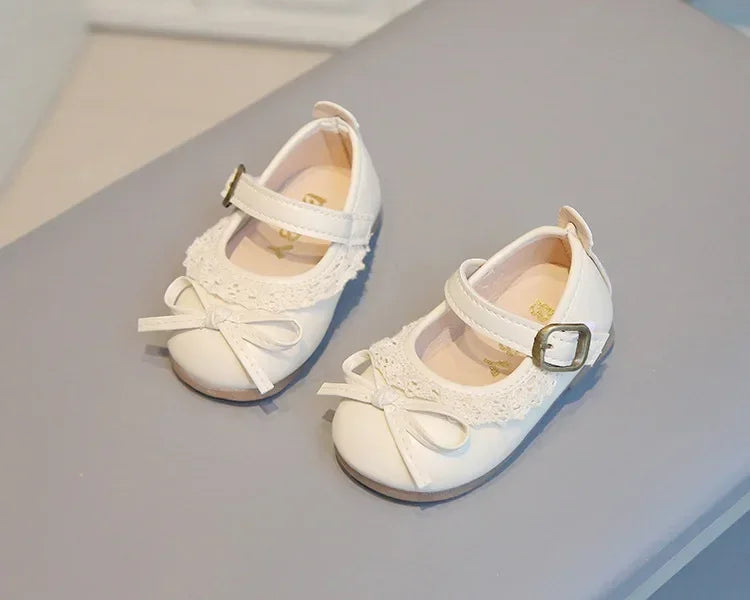 Girls Walking Shoes Sweet Lace Simple Bows 2025 New Baby Princess Shoes Round Toes Kids Leather Shoes Non-slip Soft Sole Flats