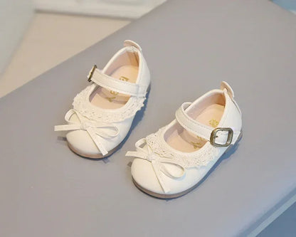 Girls Walking Shoes Sweet Lace Simple Bows 2025 New Baby Princess Shoes Round Toes Kids Leather Shoes Non-slip Soft Sole Flats