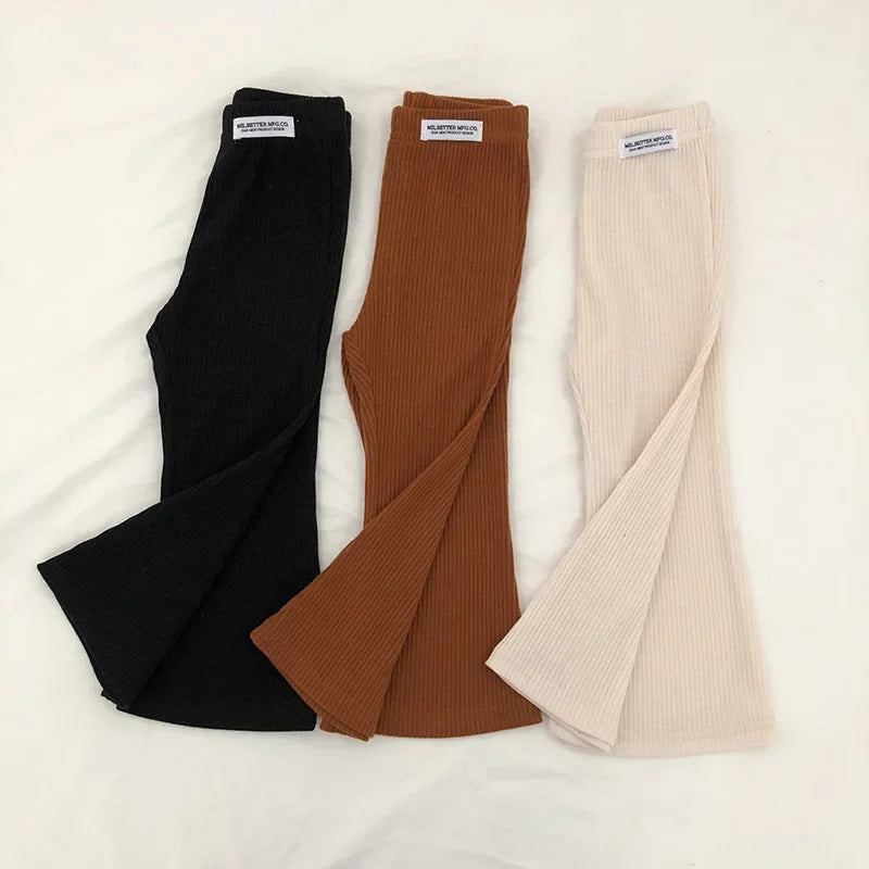 Girls' Bell Bottom Pants 2025 Spring New Style, Stylish, Solid Color, Slim Fit, 9% Casual Bottom Pants Trend for Little Girls