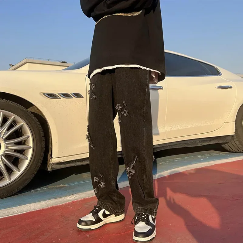Men Straight Leg Denim Jeans Male New Fashion Casual Loose High Street Y2k Pants New Wide Leg Hip Hop Black Blue Pants