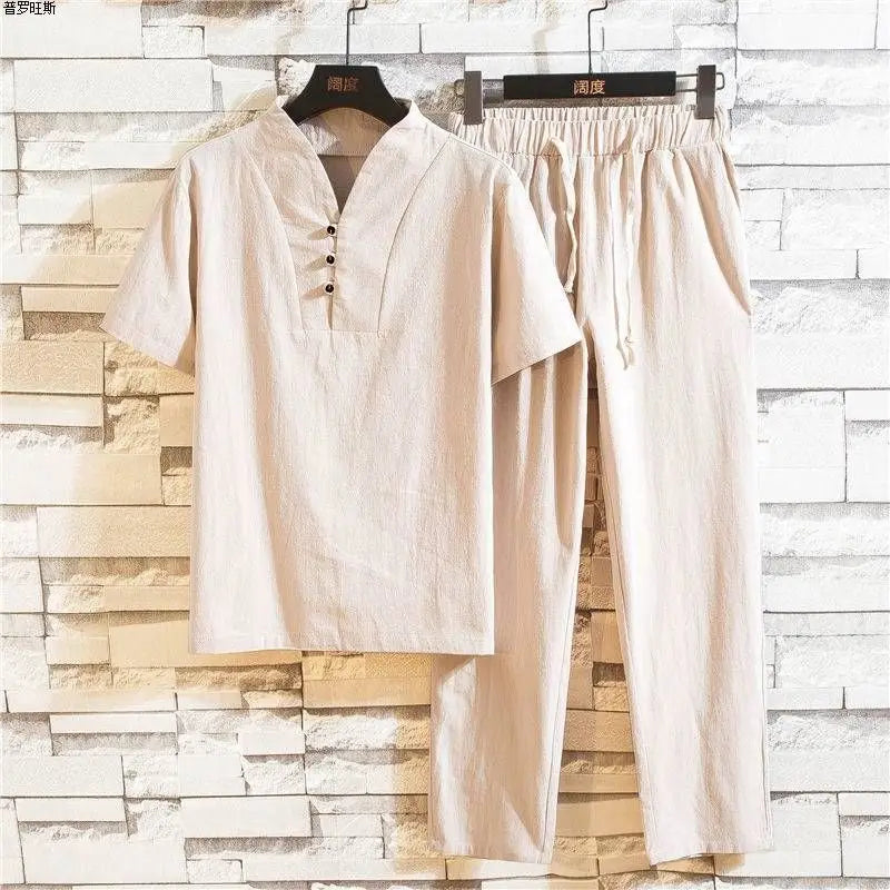 Chinese Style Summer Linen Suit Two-piece Set Men's Cotton Linen Short-sleeved T-shirt Loose Casual Pants
