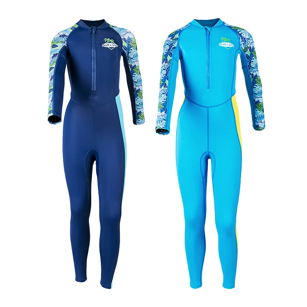 Boys Girls One-Piece Swimsuits Swimwear Long Sleeve Wetsuits Bathing Suit Beachwear Sun Protection(Including Swimming Cap)