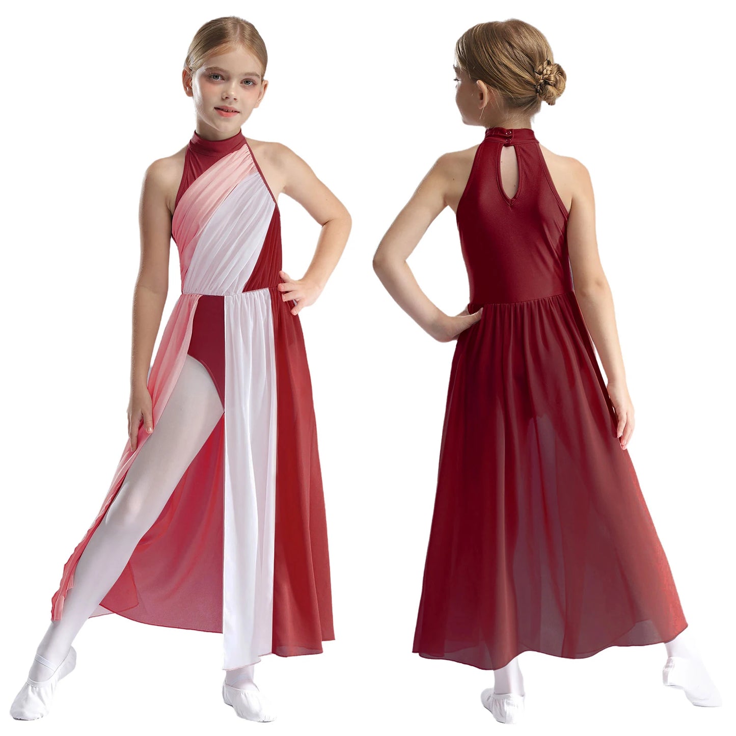 Girls Delicate 3D Flower Lyrical Dance Dress Asymmetrical Ruched Long Dress Gymnastics Modern Dance Clothes Performance Dress