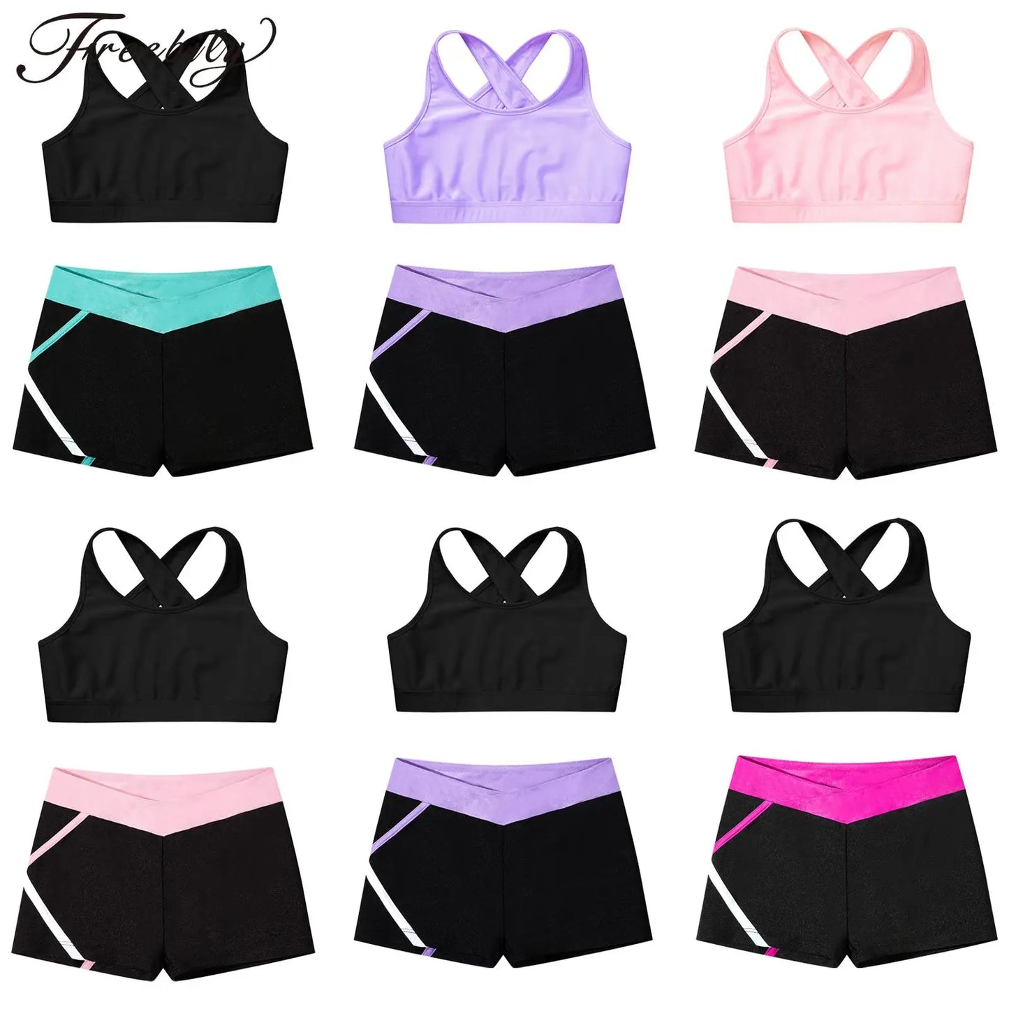 Kids Girls Dance Gymnastics Outfits Ballet Crop Top with Shorts Tracksuit Set 2 PCS Yoga Sports Workout Summer Girl Clothing