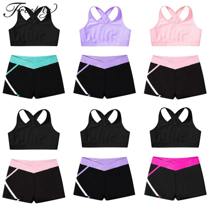 Kids Girls Dance Gymnastics Outfits Ballet Crop Top with Shorts Tracksuit Set 2 PCS Yoga Sports Workout Summer Girl Clothing