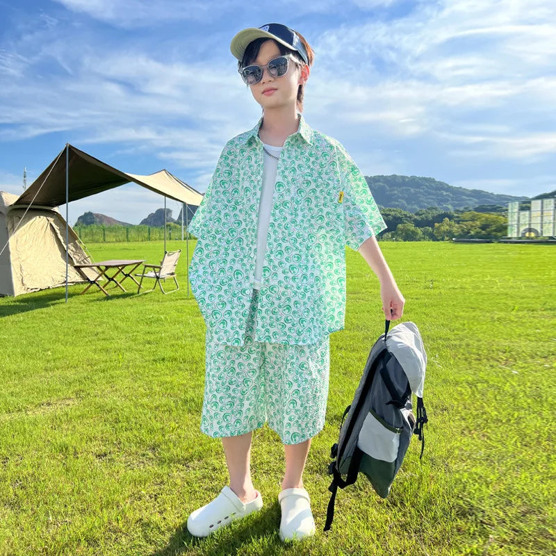 Boys' Summer Outfit Short-Sleeve Shirt Set 2025 New Design  Children Lightweight Summer Shirts for Middle Older Kids Beach Wear