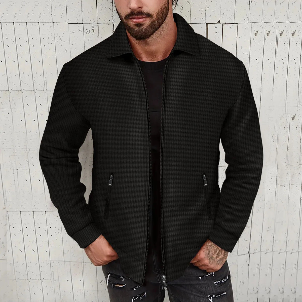 Teen Boys New Textured Waffle Zip Up Jacket Men's Casual Long Sleeve Coat With Zipper Pockets