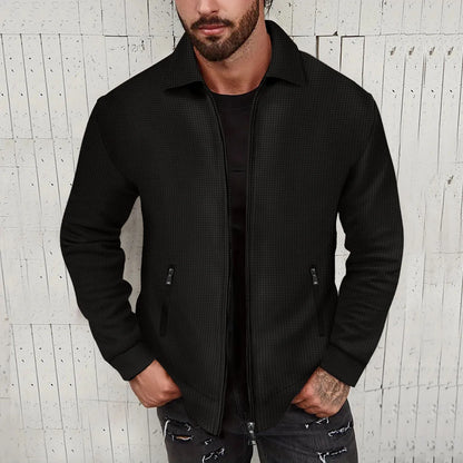 Teen Boys New Textured Waffle Zip Up Jacket Men's Casual Long Sleeve Coat With Zipper Pockets