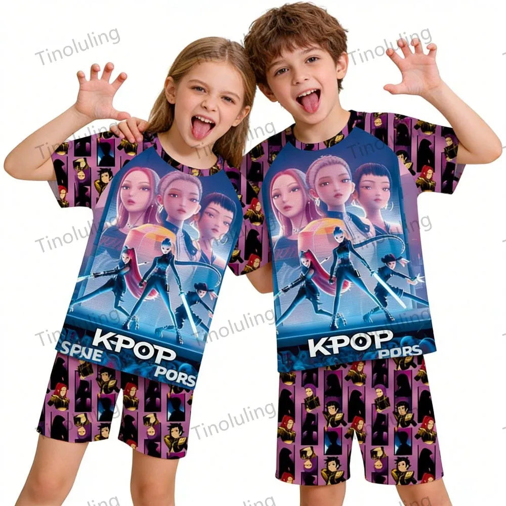 Girls Pajamas Sets Kids Toddler 3 to 8 10 11 12 Years Kpop Demon Hunters Summer Pjs Tops+Shorts Two Pieces Pijamas Sleepwear Set