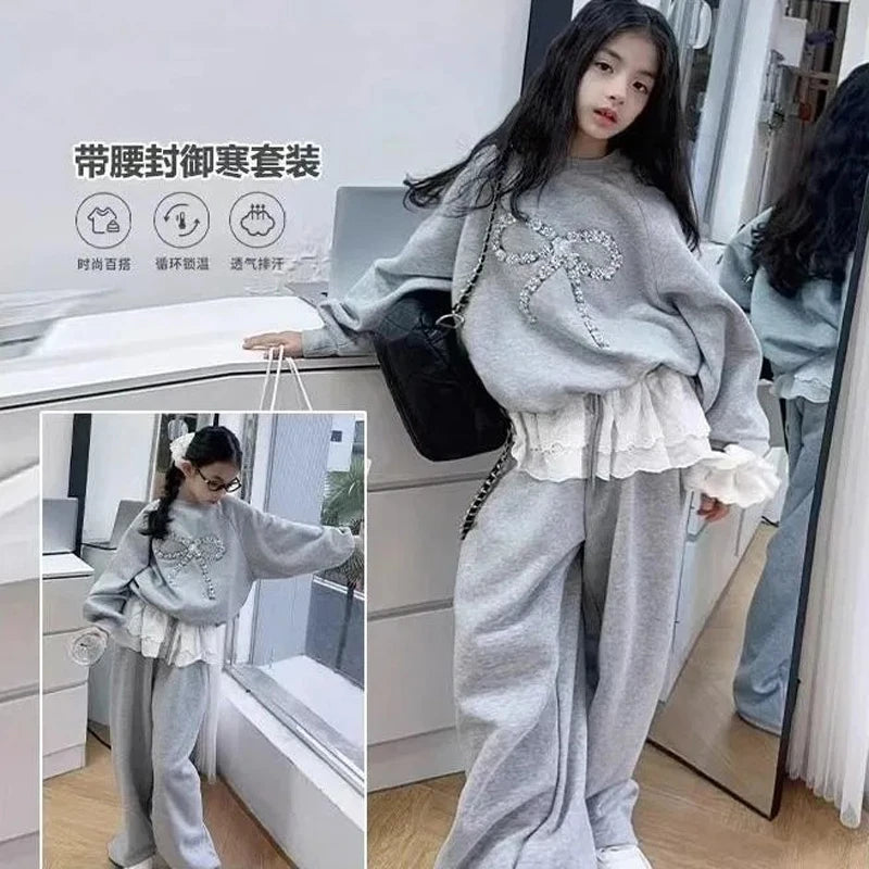 Teen Girls Clothing Set Spring Autumn New Solid Color Bow Sweatshirt+Lace Patchwork Pants 2Pcs Suit For 6-14 Years Girls Outfit
