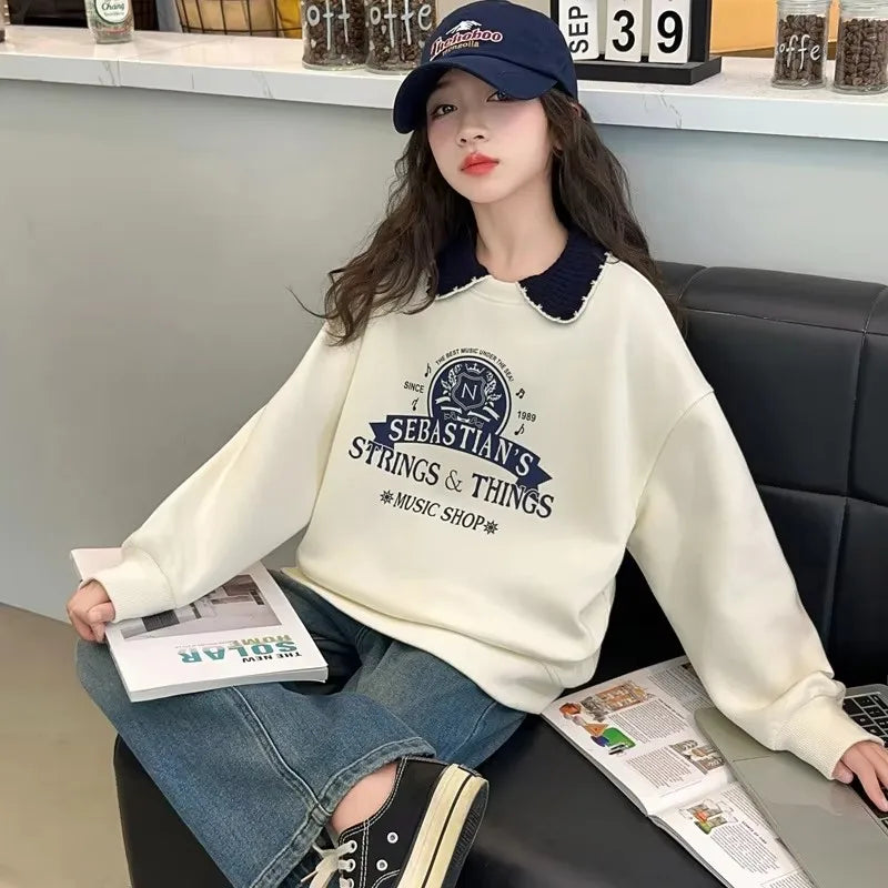 New Spring School Girls Sweatshirt For Teens Cotton Long Sleeve T-shirt Children Turn Down Collar Sweat-shirt Clothing 5-14Y