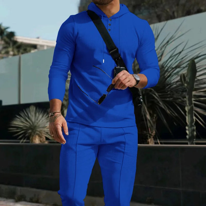 New Men's Casual Suit Outdoor European and American Hooded Solid Color Long Sleeve Trousers Suit