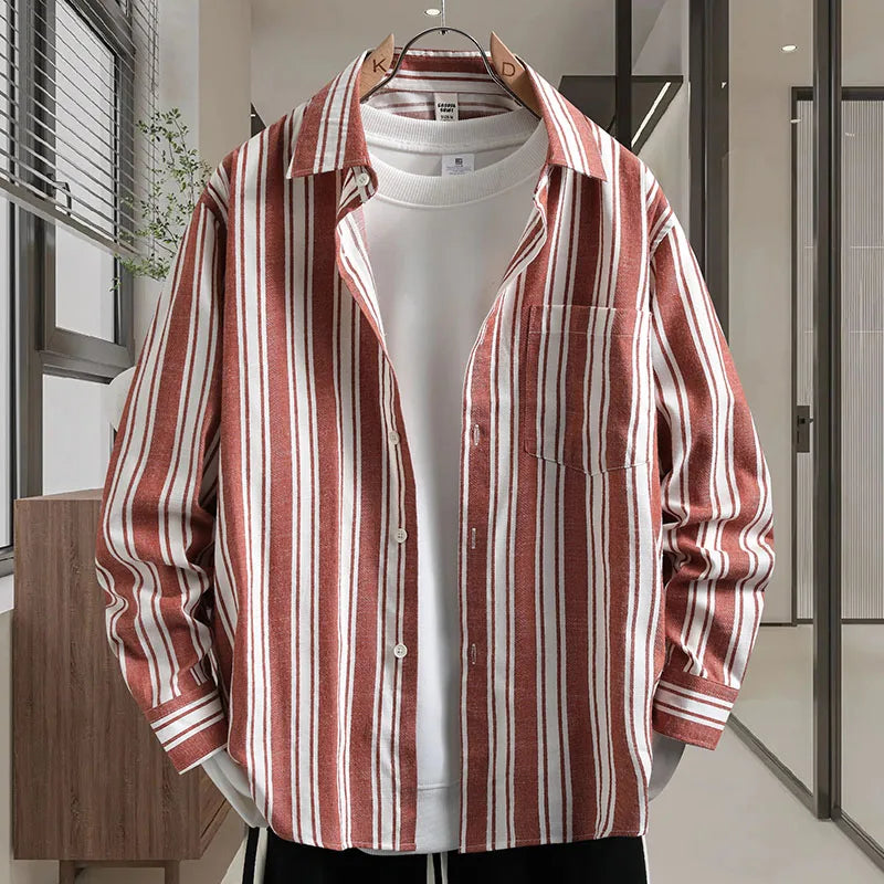 New high-quality men's dress shirt, checkered shirt, men's long-sleeved cotton and linen lapel coat, suitable for daily wear