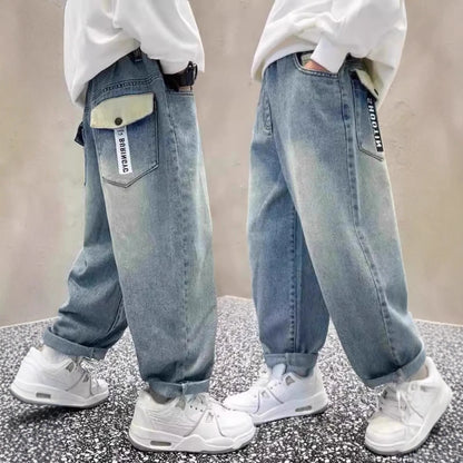 High Quality Big Boy Jeans Denim Pants Kids Casual Wide Straight Jeans Elegant Baby Child Denim Trousers 5 6 7 8 9 10 11 12 14 Y