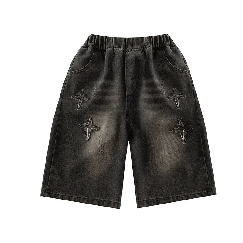 Boy Star Jeans 2025 Summer New Fashion Pocket Stretch Boys Denim Mid-Pants Childrens Boys Casual Cropped Pants 3-15 Years Old
