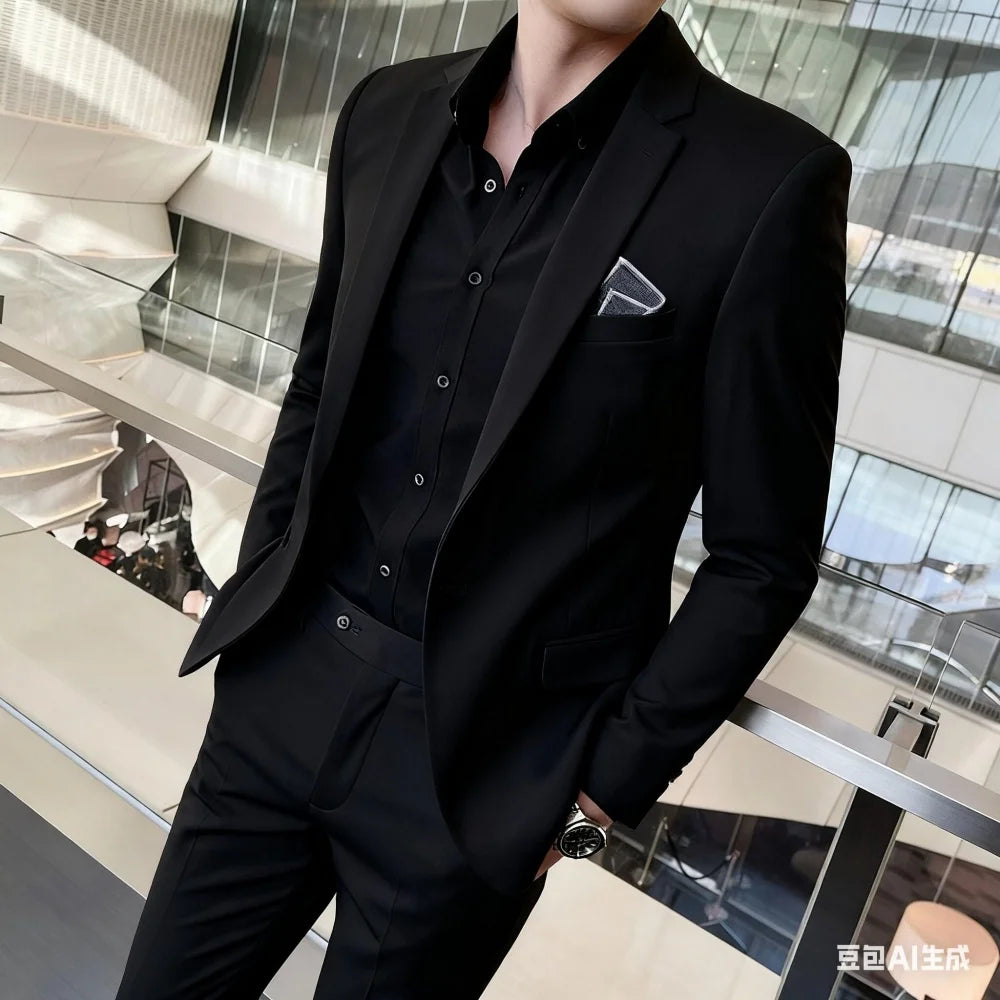 Men's Two-Piece Suit Monochromatic Tern Casual Elegant High-Quality New Banquet Ready Fashionable Ensemble