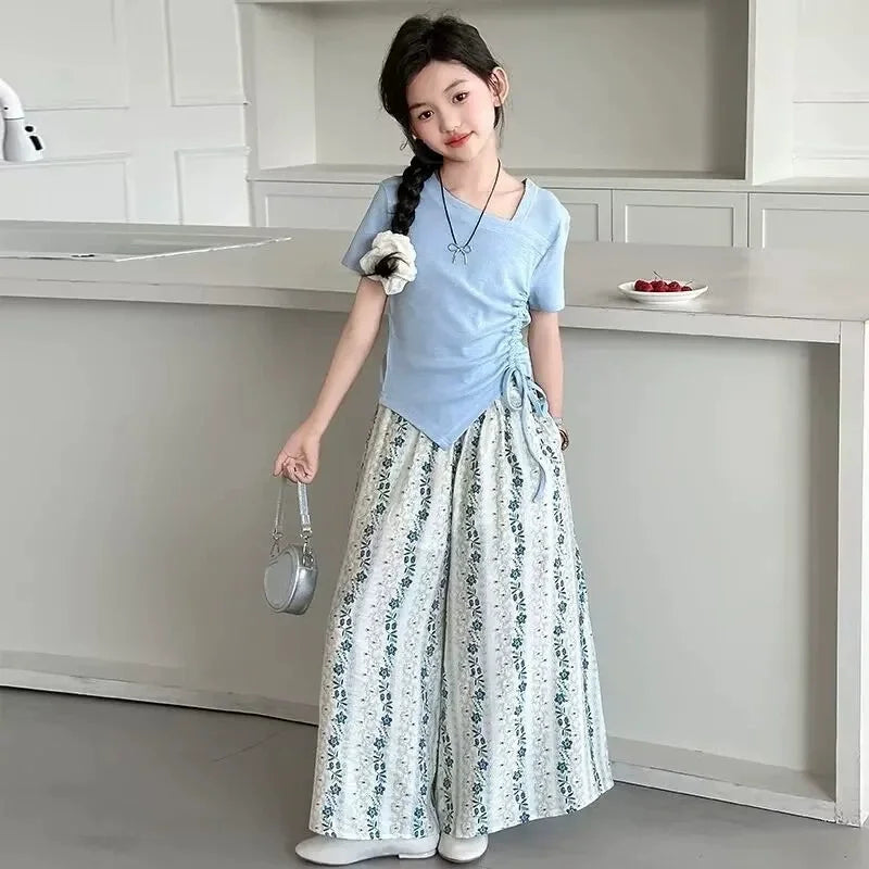 Summer Teenage Girls Clothes Set Children O-Neck Tshirt and Wide-leg pants Suit Student School Short Sleeve Top Bottom Outfits