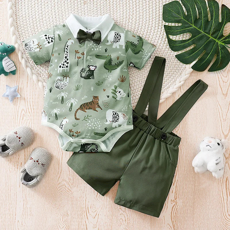 Newborn Baby boys Clothes Set Animal - Green print Fashion Summer Toddler Outfit short sleeve straps Clothe 2-piece outing suit