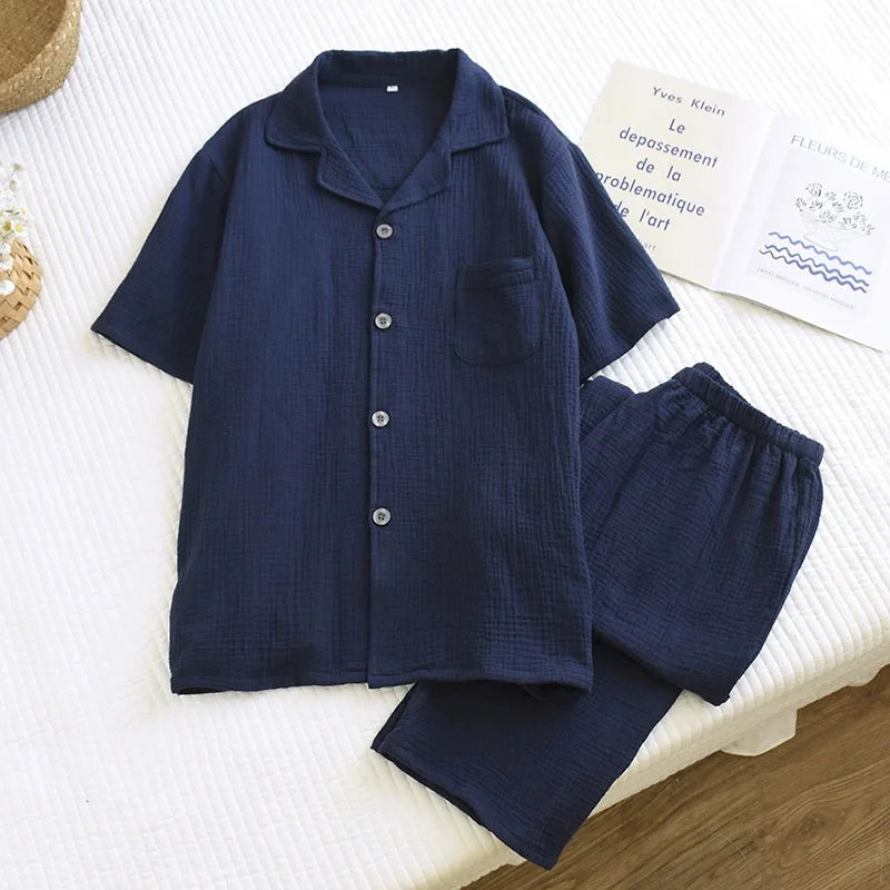 Men's Trousers Pajamas Set for Spring and Summer Thin Design Cotton Fabric Short Sleeved Long Pants Home Men Pyjama Set