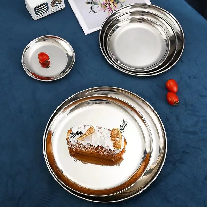 High Quality Gold Silver Tray Stainless Steel Dining Disc Round Bone Spitting Dishes Fruit Meat Dessert Plate Kitchen Tableware
