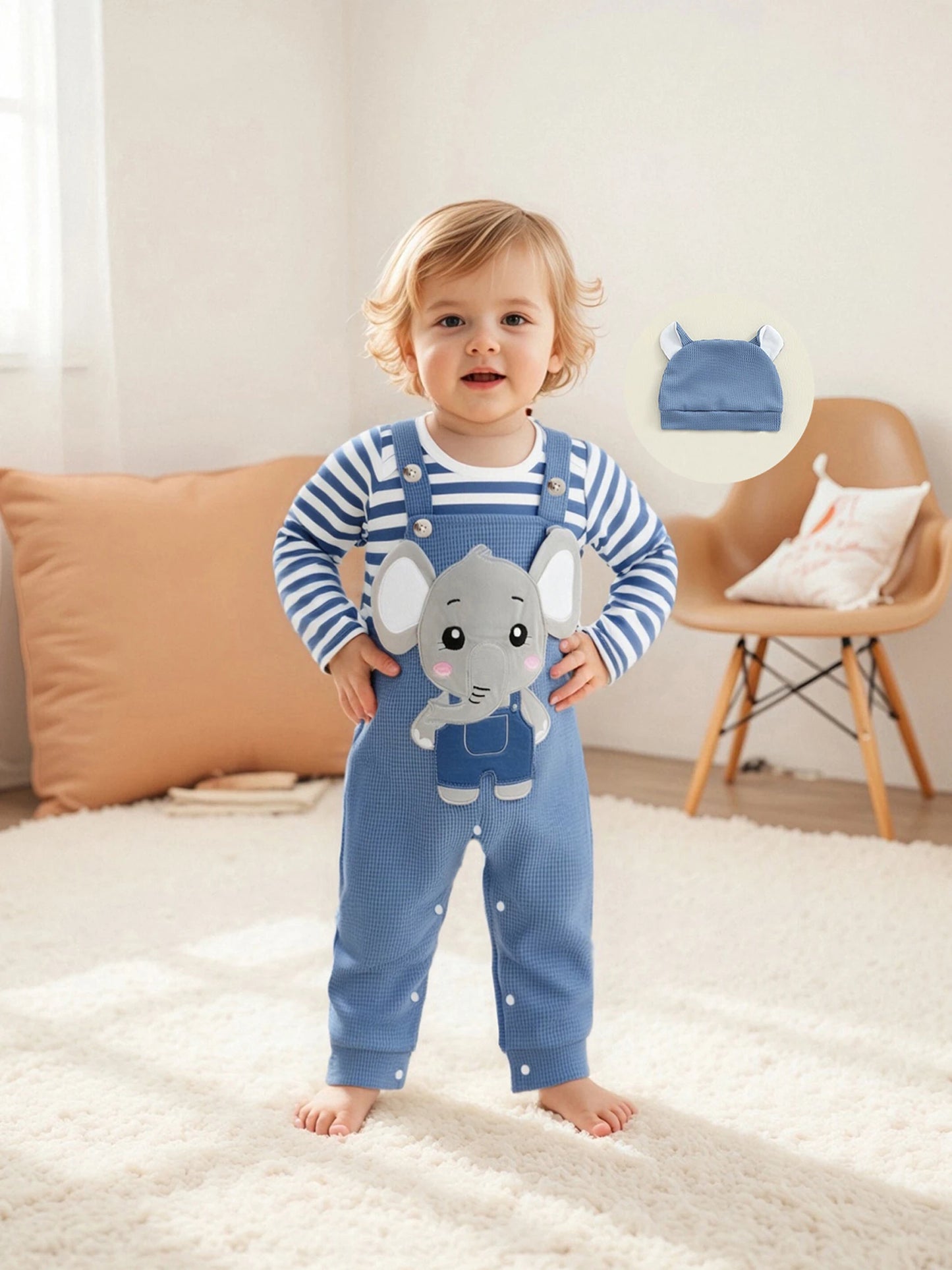 Infant Newborn Baby Boys 3Pcs Outfit Cute Baby Clothes Long Sleeve Striped Romper Animal Embroidery Overalls Hat