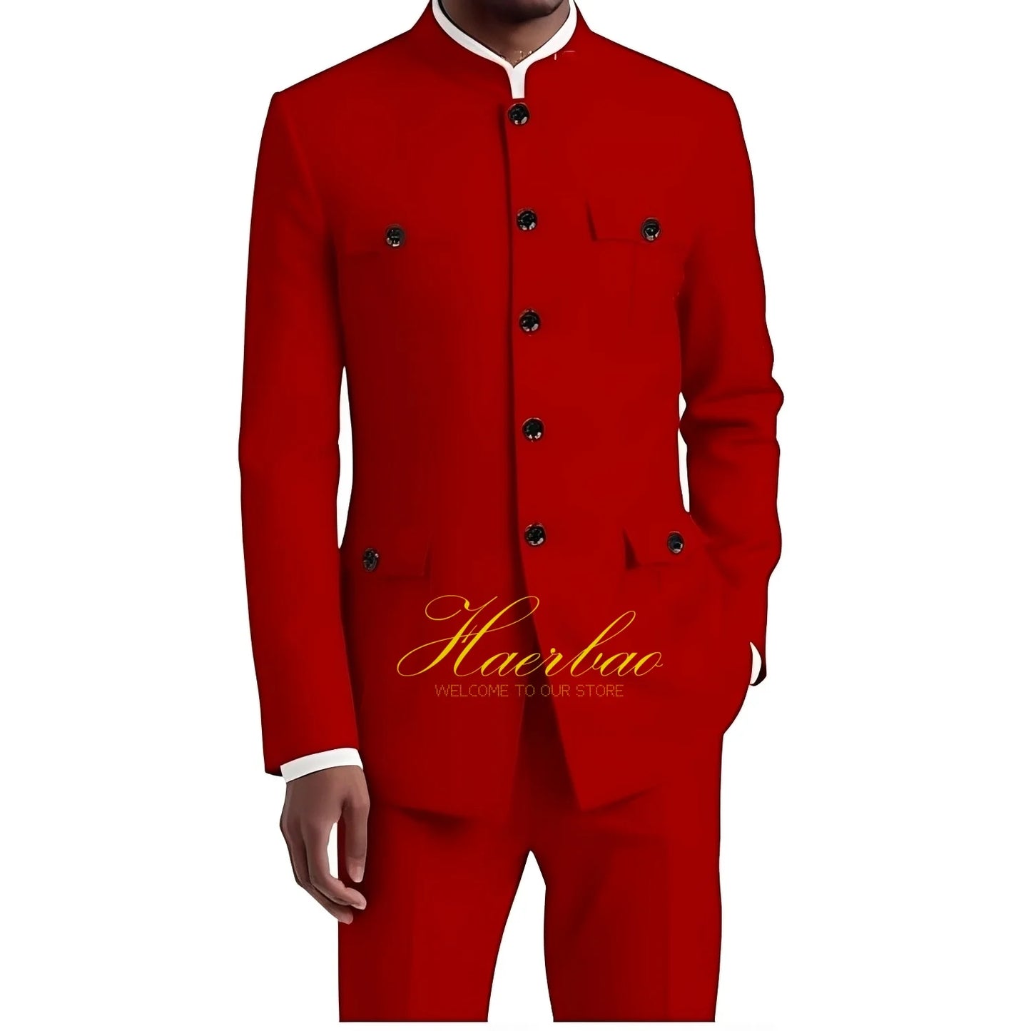 Men's Chinese Tunic Suit Formal 2 Piece Suits for Men Collar Jacket Slim Fit 4 Pocket Blazer Wedding Men Suits Tuxedo
