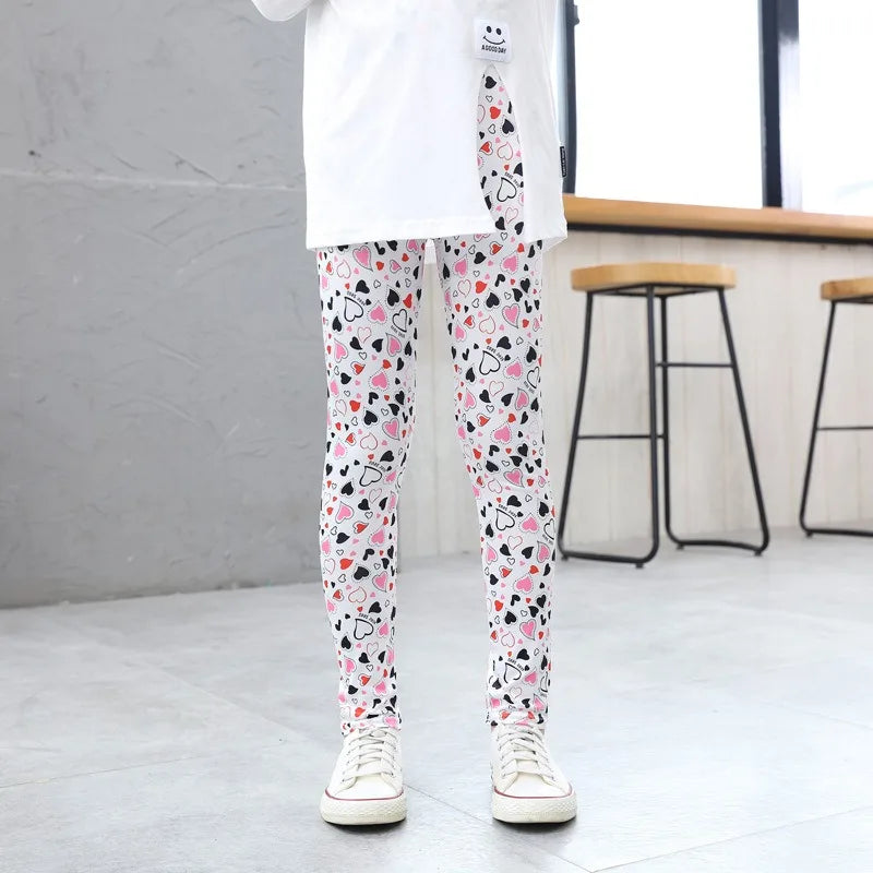 Girls' Pants Summer Thin Children's Elastic Leggings Baby Milk Screen Printed Floral Long Pants Slim Fit Ages 3-11Y