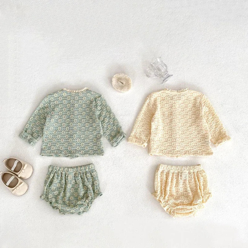Baby Girls Suit Autumn Clothes Newborn Jacquard Knitted Bloomers Outfit Set Long Sleeve Tops+Shorts 2PC 0-3T