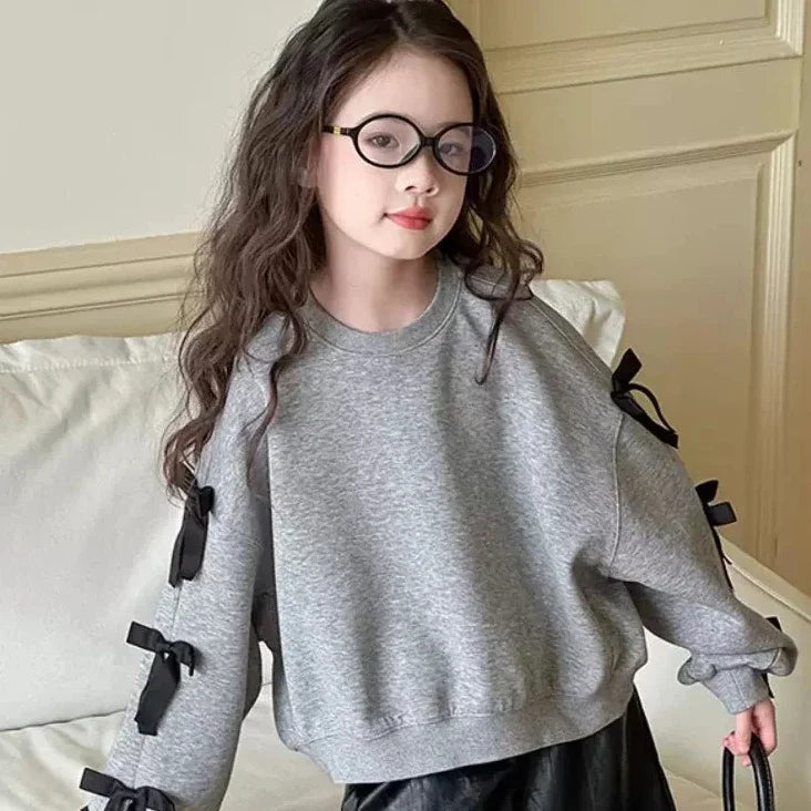 Girls' Bow Sweatshirt Cute Long Sleeve Top for Spring Autumn Kids Casual Pullover  Kids Clothes Girls