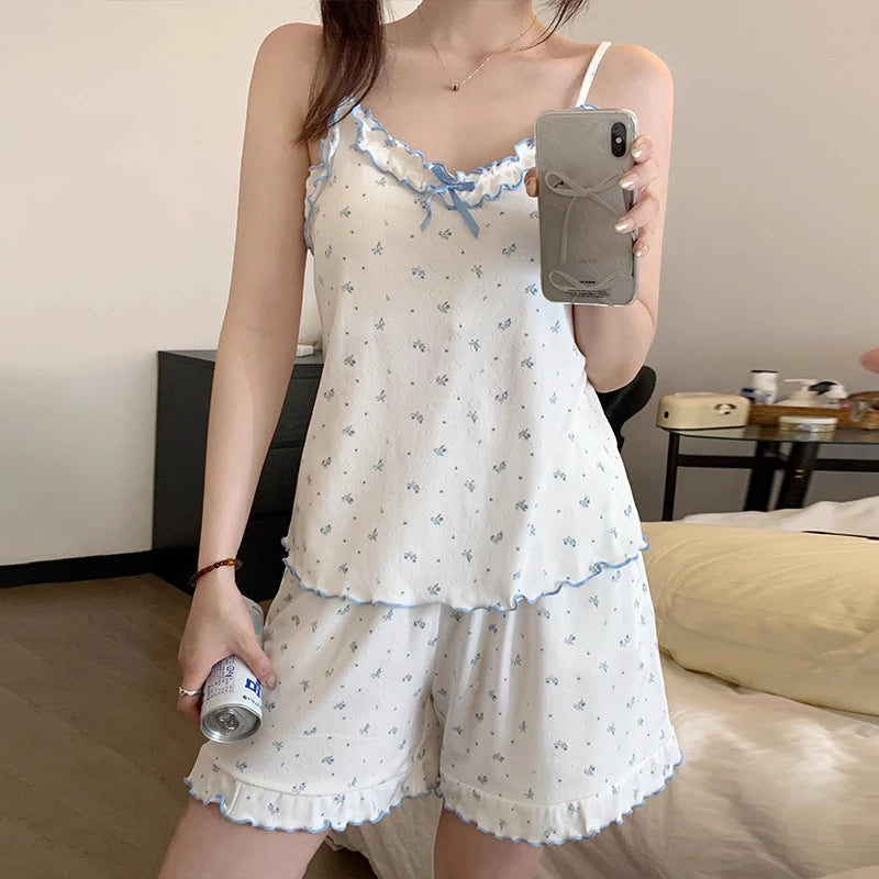 Girls Sweet Floral Pajamas Female With Chest Pad Camisole Vest Home Wear Suit