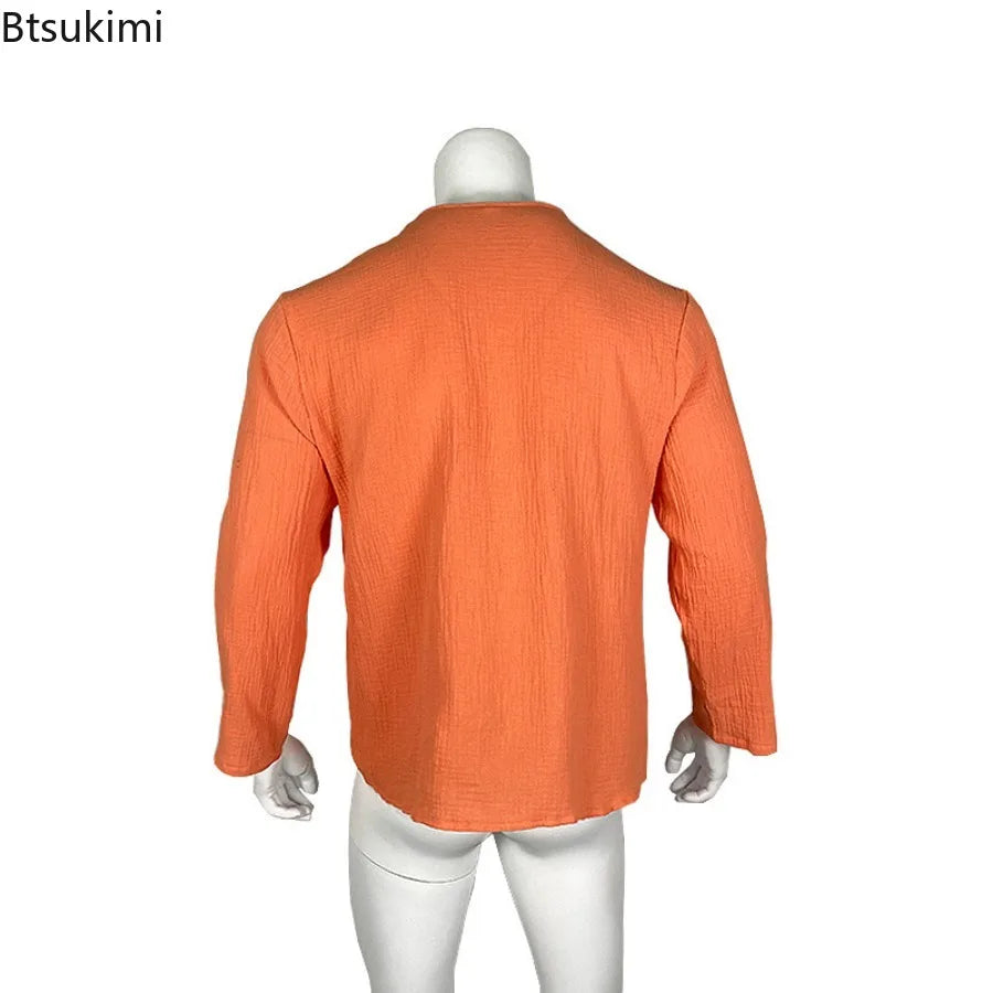 2026 Men's Shirts Spring Summer New Beachwear Button-up Stand Collar Casual Shirts Solid Breathable Long Sleeve Hawaiian Blouses