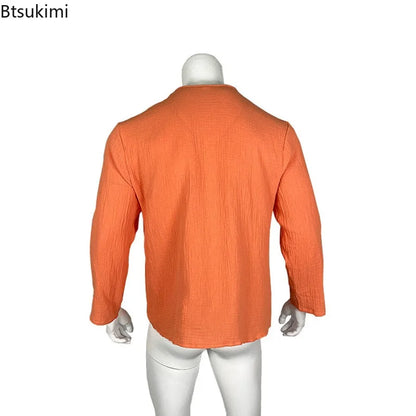 2026 Men's Shirts Spring Summer New Beachwear Button-up Stand Collar Casual Shirts Solid Breathable Long Sleeve Hawaiian Blouses