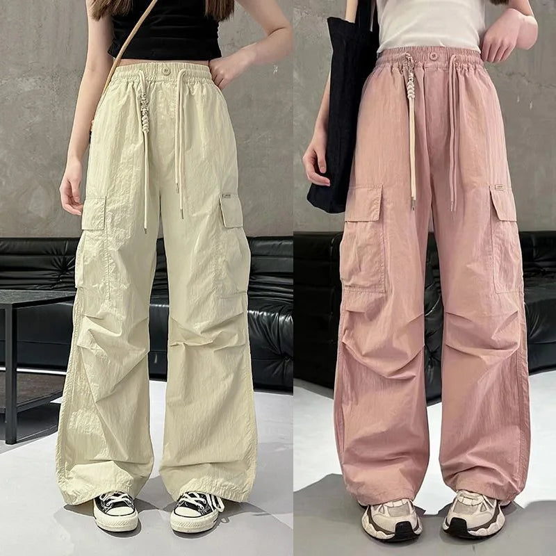 Girls Cargo Pants Autumn Summer Thin Loose-fit Wide-leg Long Trousers New 2025 Trendy Junior High School Students Casual Clothes