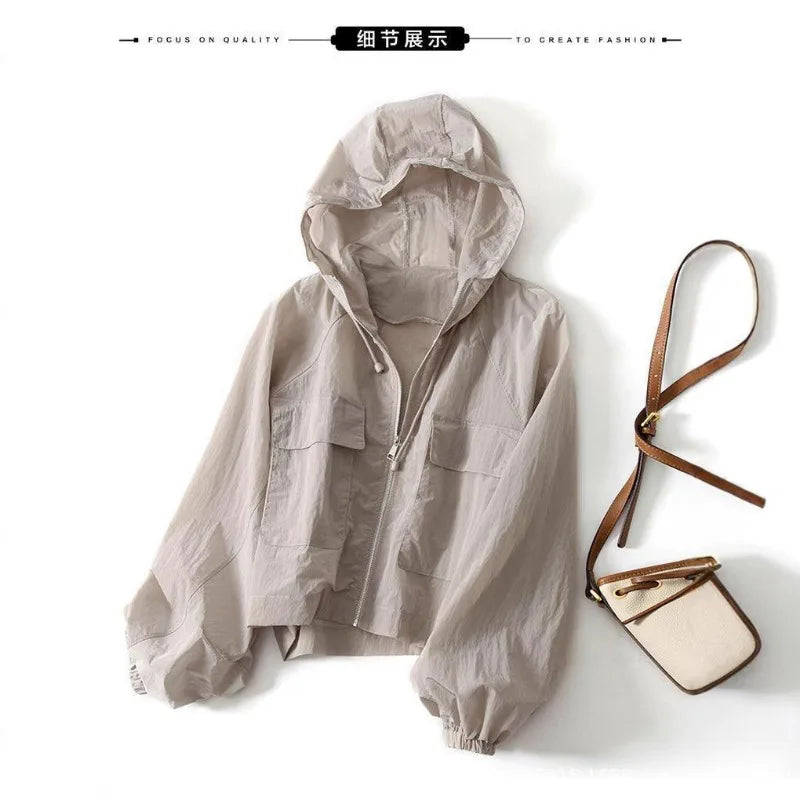 Girls Sunscreen Coat Adult Short Hooded Thin Sunscreen Jacket Women Indoor Casual Air-Conditioned Coat Older Children Sportswear